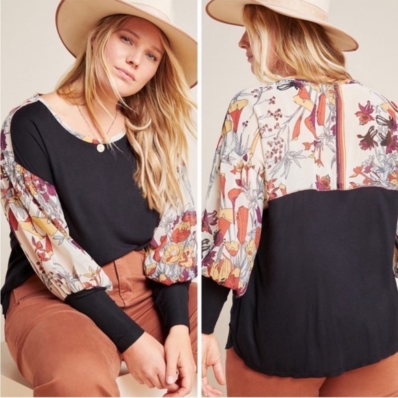 Anthropologie Tiny Raye Balloon Sleeve Mixed Media Blouse Black Size Small - Picture 2 of 16